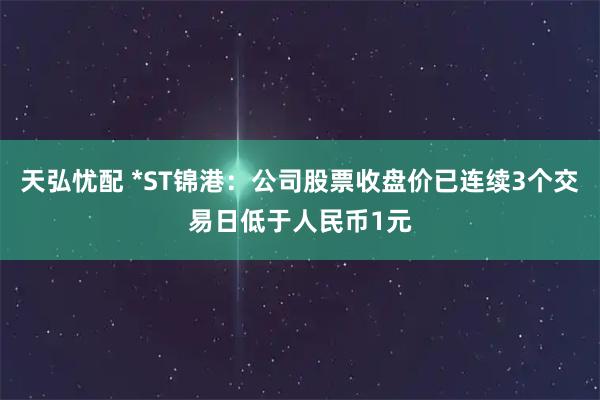 天弘忧配 *ST锦港:公司股票收盘价已连续3个交易日低于人民币1元